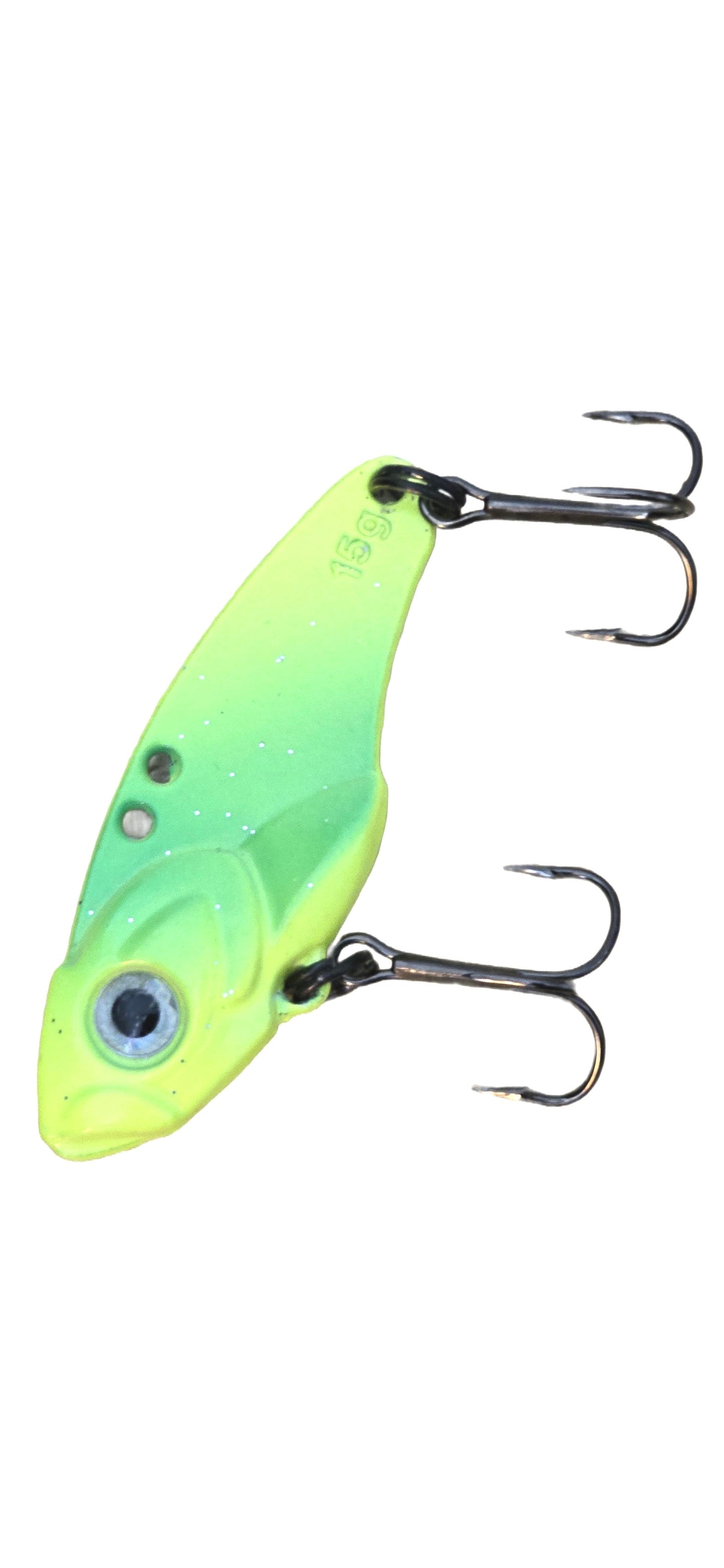 Fishing lure with a gradient green and yellow color on a white background