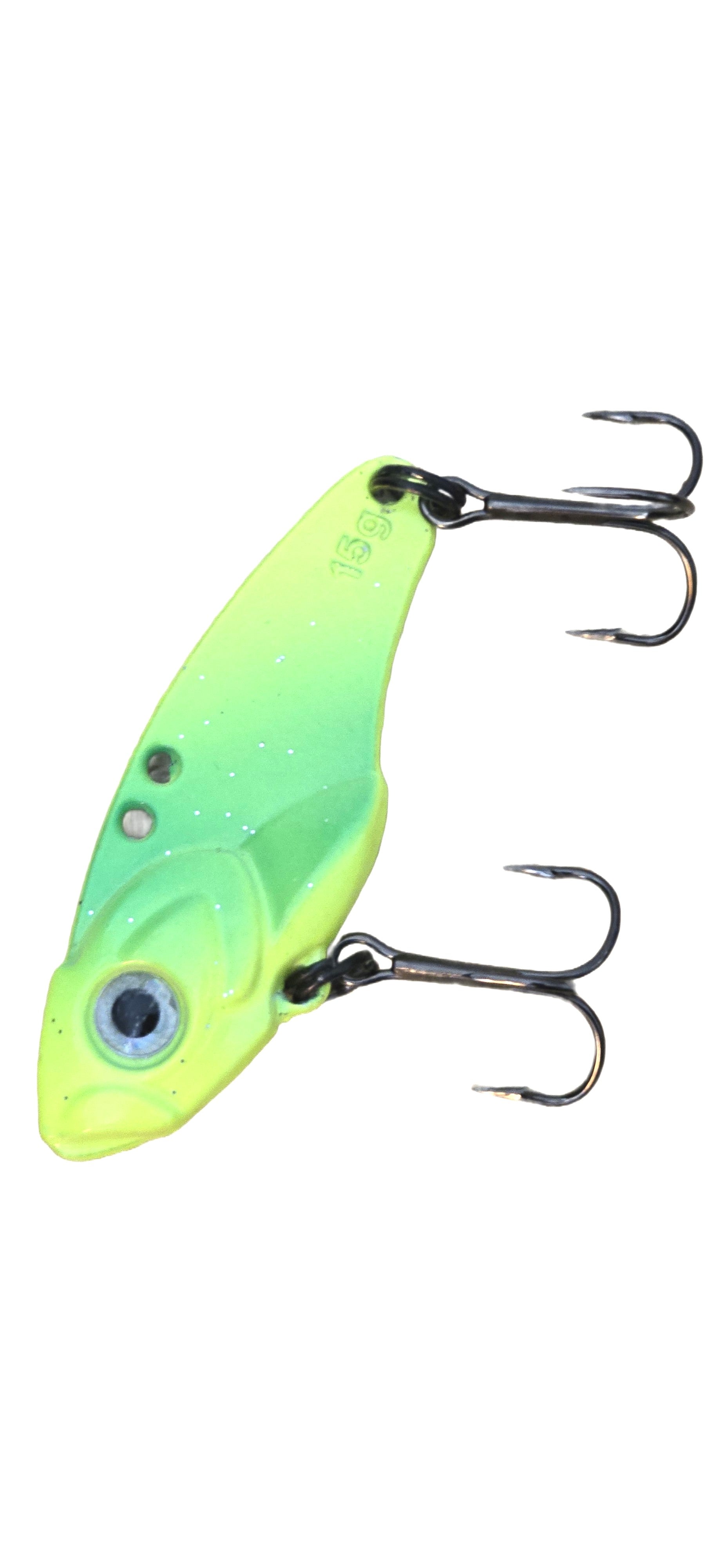 Fishing lure with a gradient green and yellow color on a white background