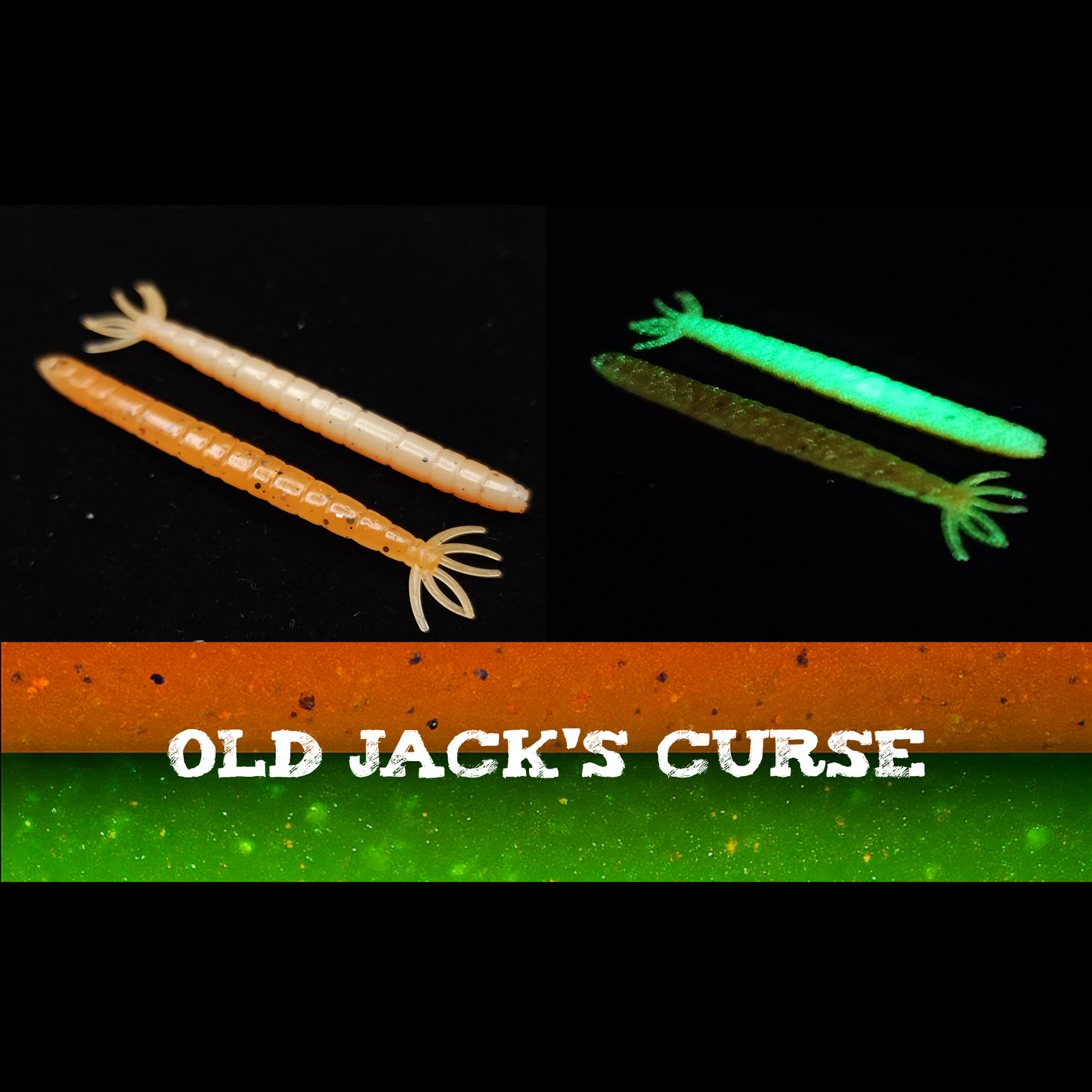 Two fishing lures, one white and one green, on a black background with 'Old Jack's Curse' branding.
