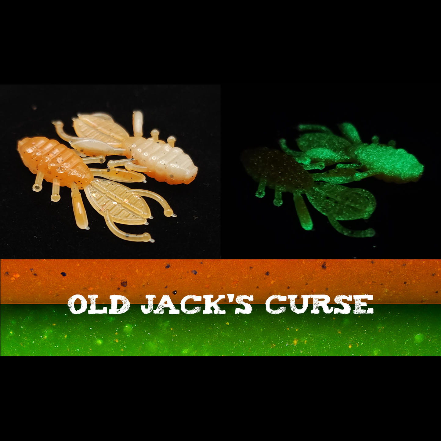 Two glow-in-the-dark insect-like fish lures on a black background with 'Old Jack's Curse' branding.