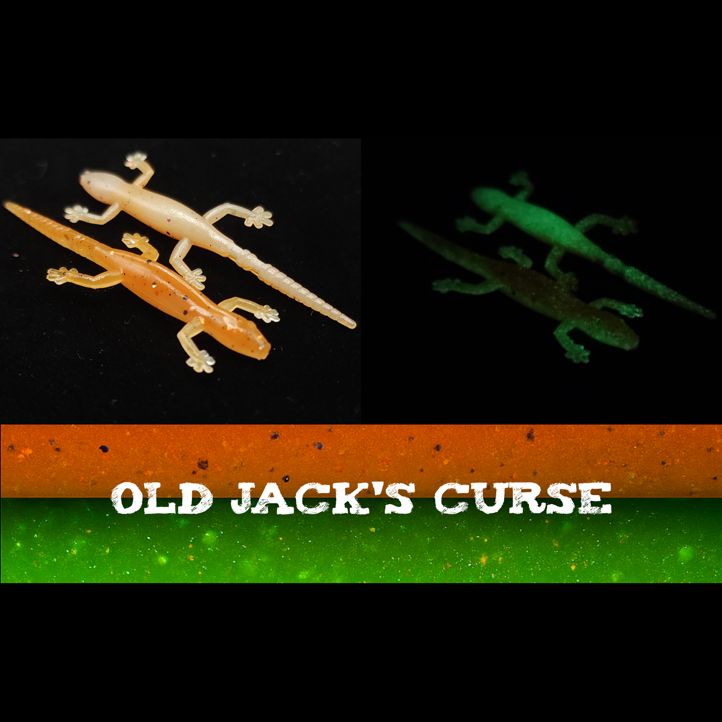 Two glow-in-the-dark salamander fishing lures with 'Old Jack's Curse' branding on a black background.