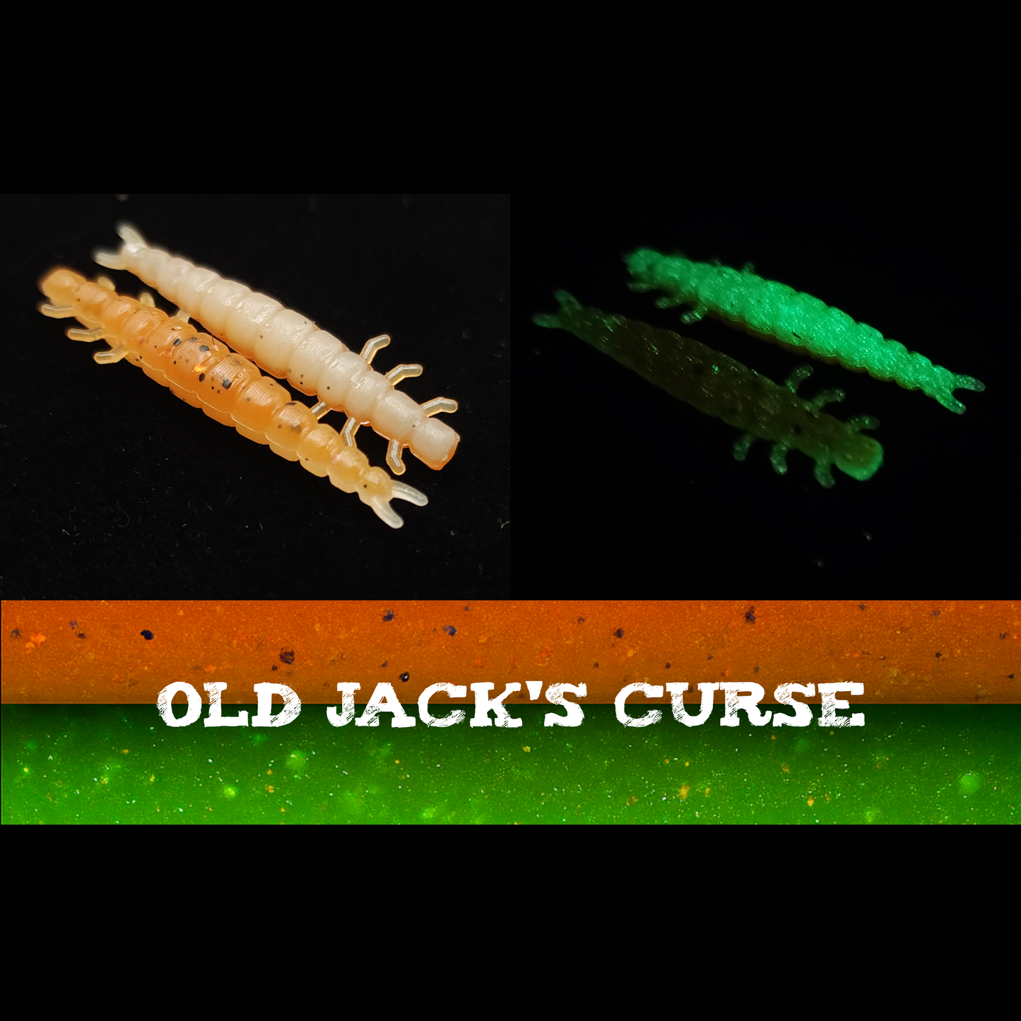 Three fishing lures in orange, white, and green with 'Old Jack's Curse' branding on a black background.