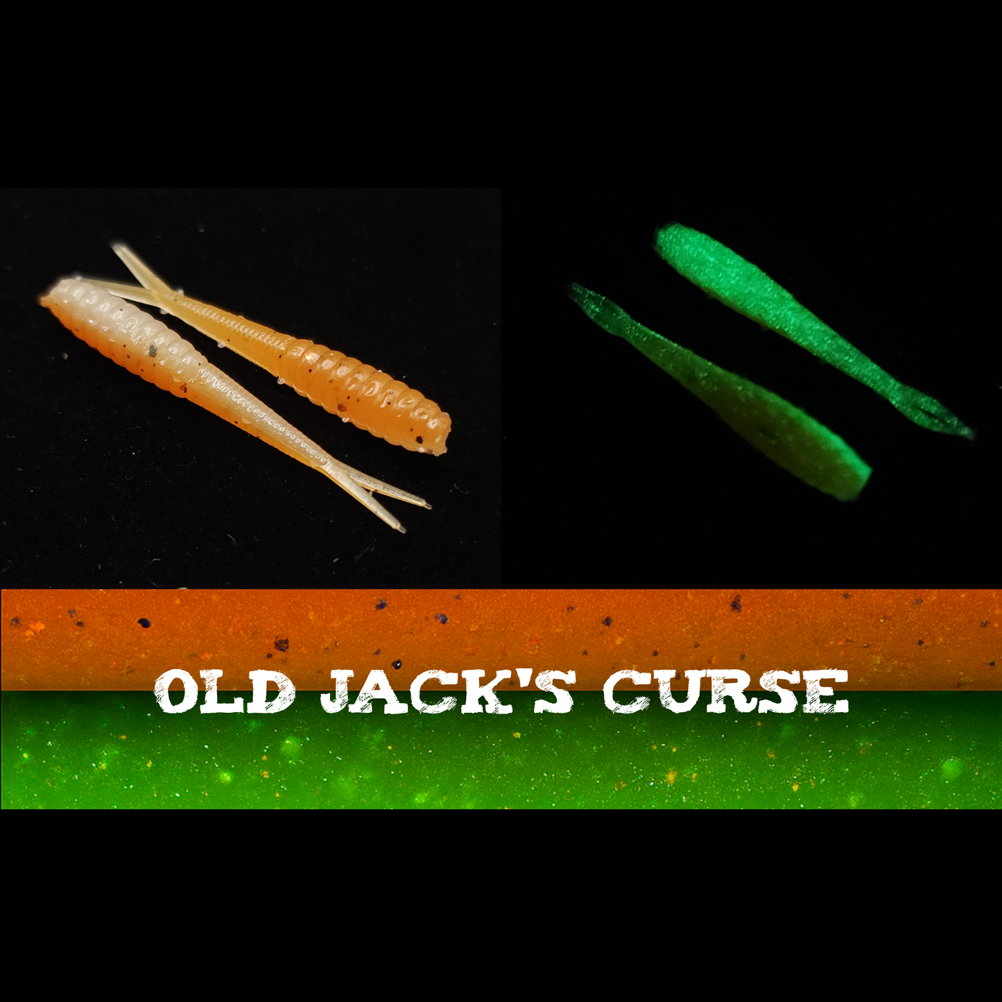 Two orange and two green fishing lures with 'Old Jack's Curse' branding on a black background.
