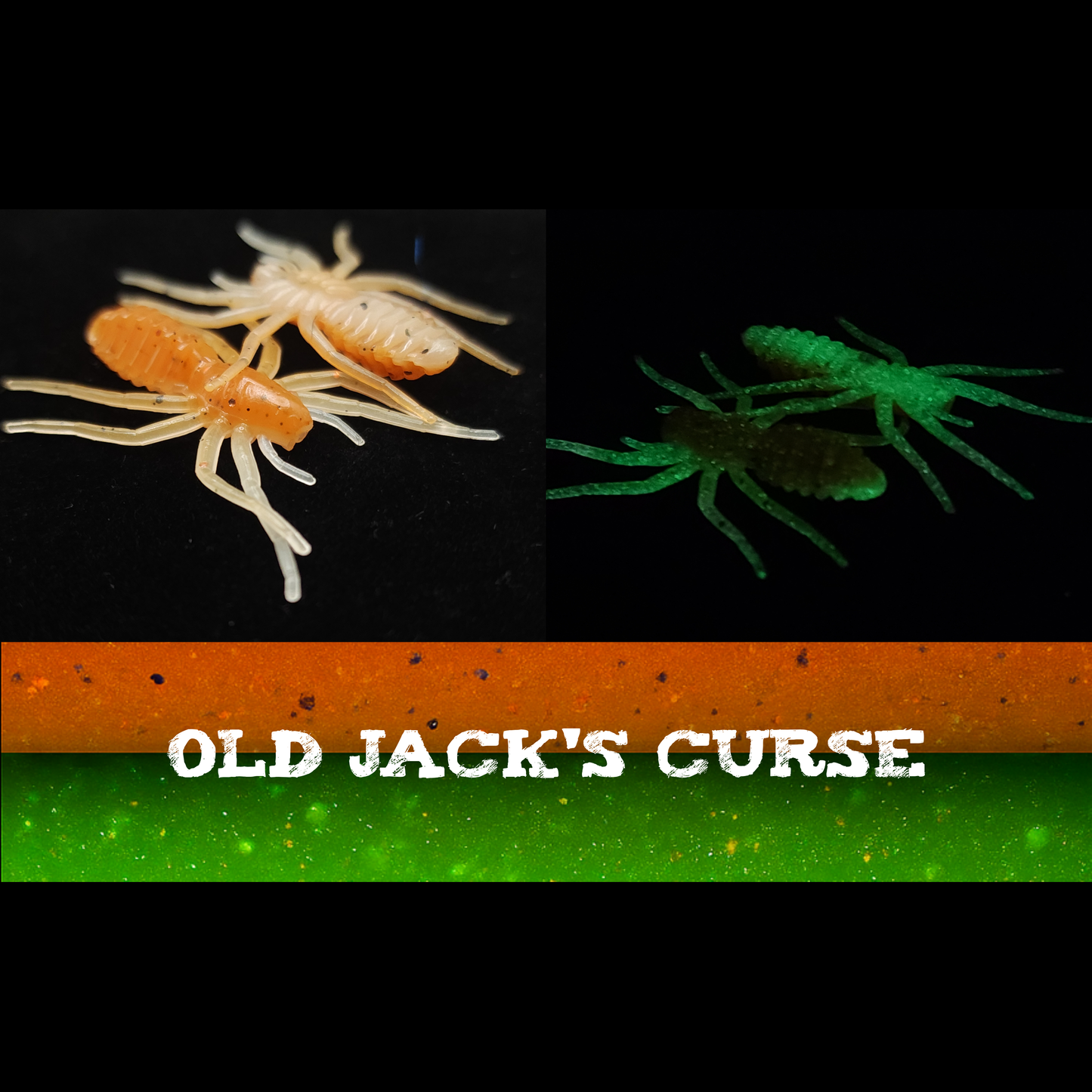 Two orange and white lures and a green lure on a black background with 'Old Jack's Curse' text.