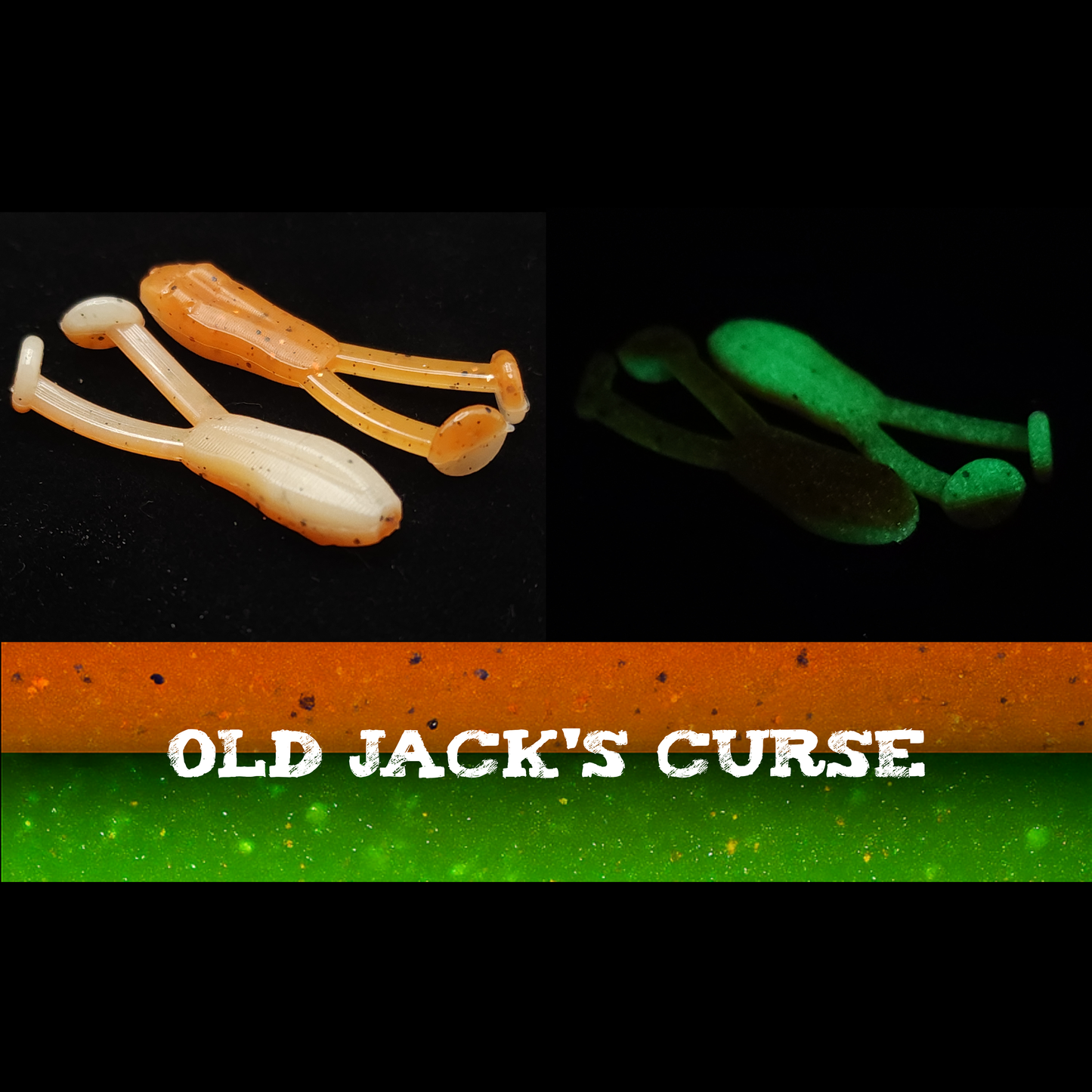 Three fishing lures in orange, white, and green on a black background with 'Old Jack's Curse' branding.