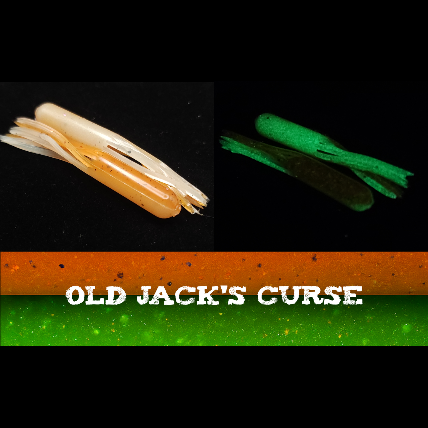 Two fishing lures on a black background with 'Old Jack's Curse' branding.
