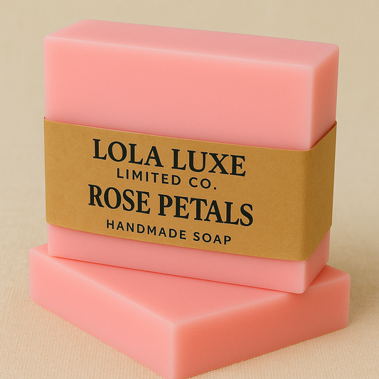 Rose Petals- Rose Scented Handmade Soap with a brown label on a beige background