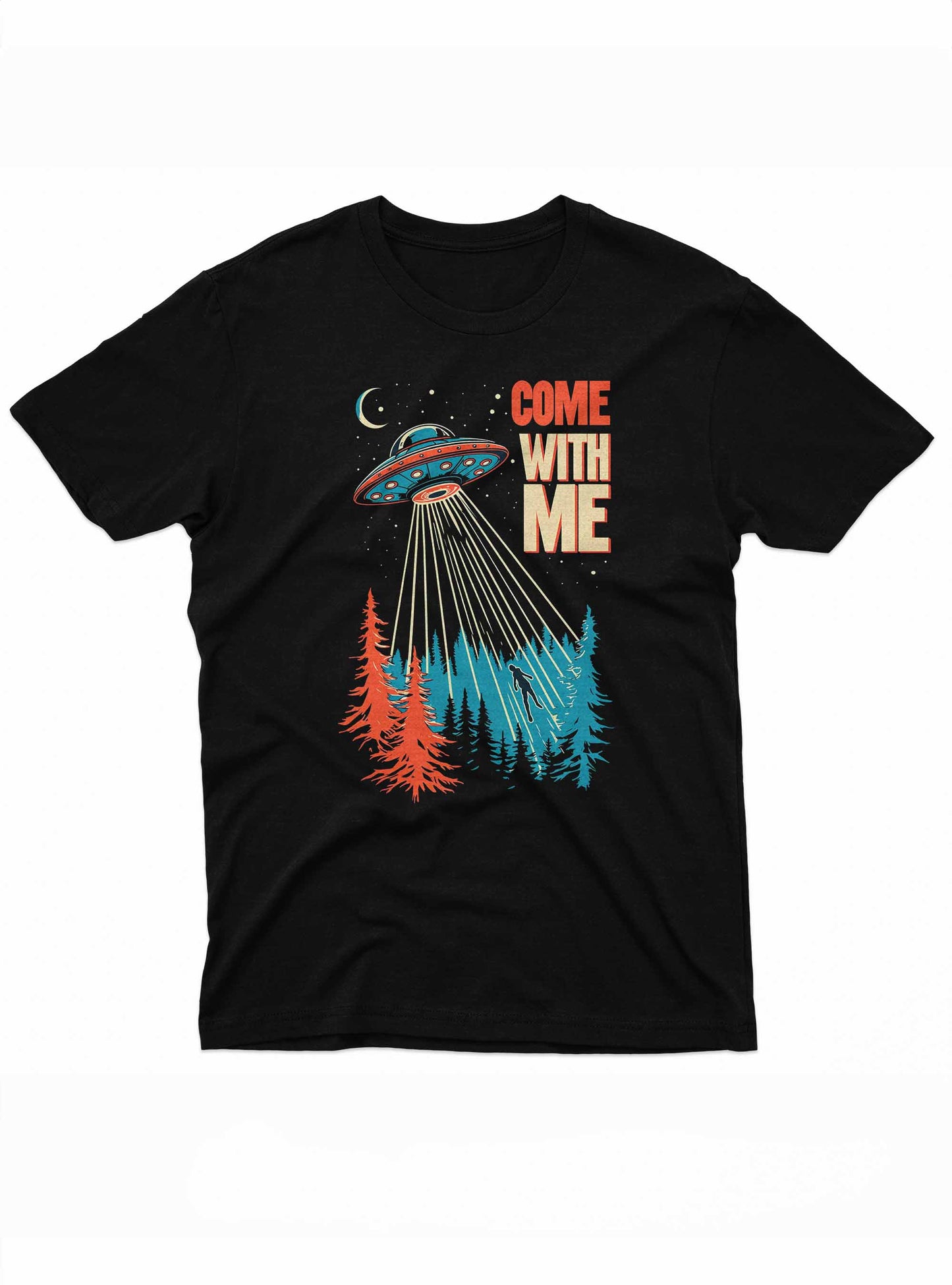 Black t-shirt with a UFO and forest graphic and 'Come With Me' text on a white background
