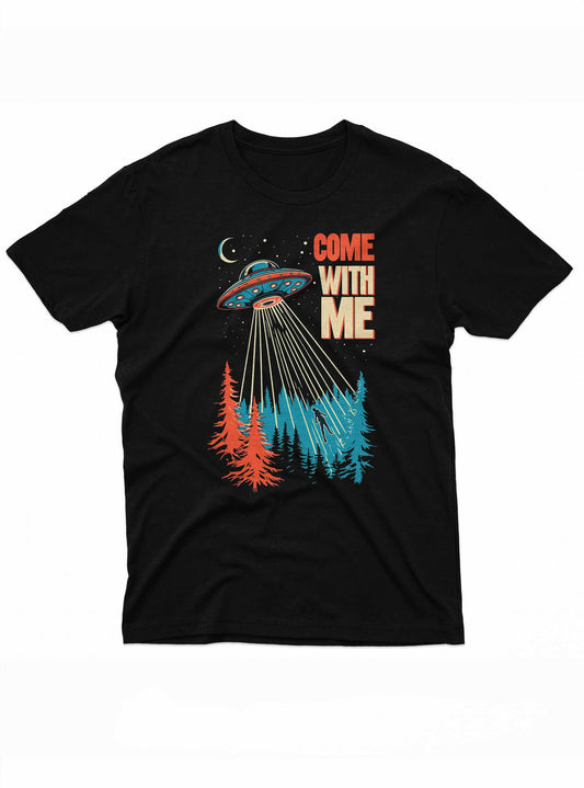 Black t-shirt with a UFO and forest graphic and 'Come With Me' text on a white background