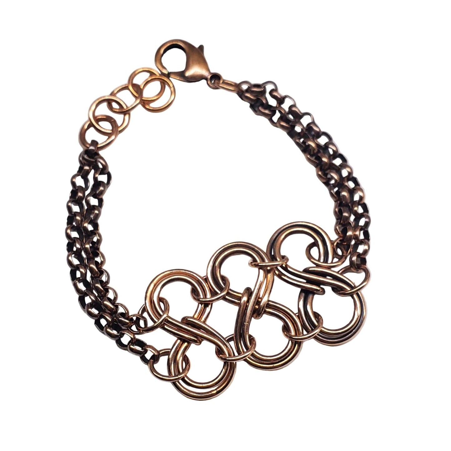 Bronze infinity chain bracelet on a white background
