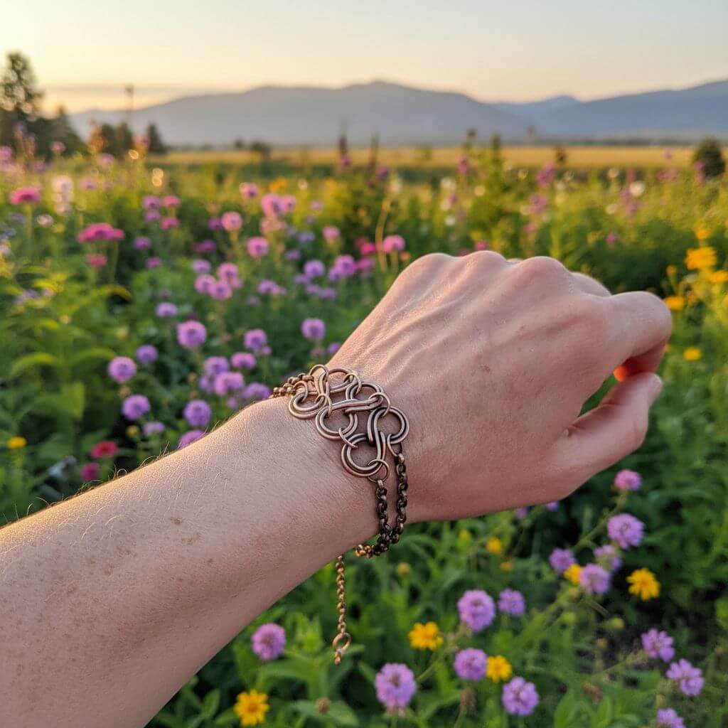 Hand wearing an infinity bracelet with a field of flowers and mountains in the background