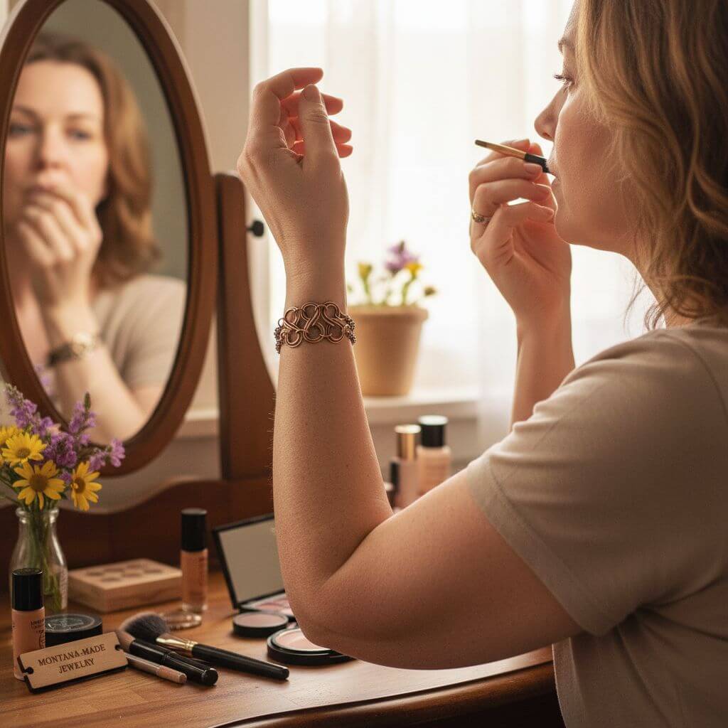 Woman applying makeup wearing infinity bracelet in front of a mirror with a desk full of beauty products.