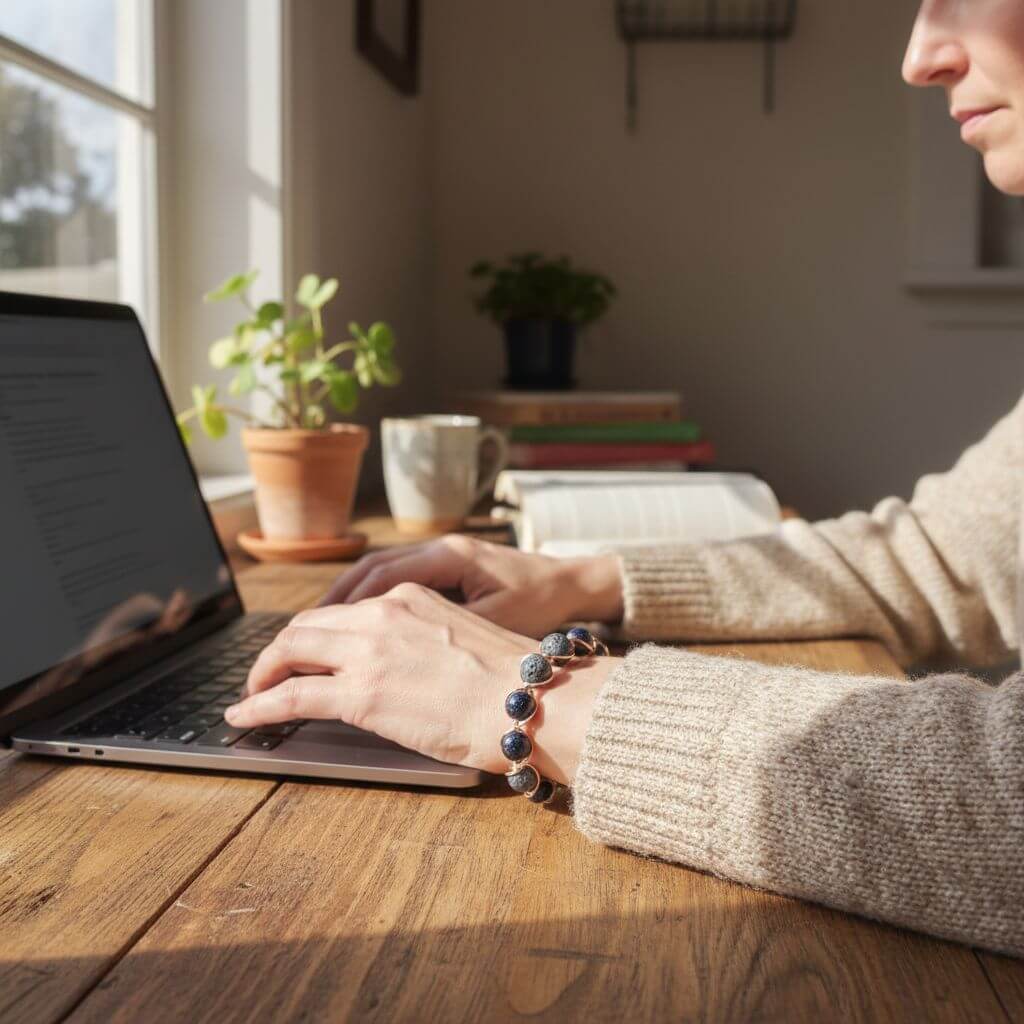 Person using a laptop on a wooden table with a cozy indoor setting wearing bracelet