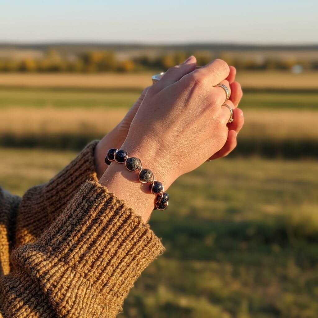 Person wearing a bracelet with a field in the background
