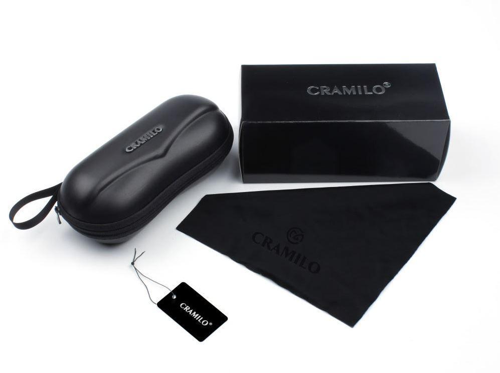 Black CRAMILLO eyewear case, cleaning cloth, and tag on a white background