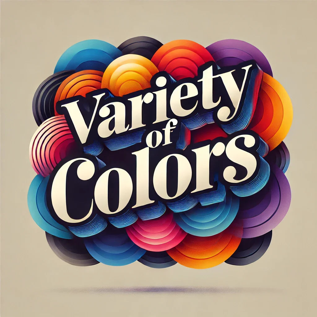 Colorful text 'Variety of Colors' surrounded by concentric circular patterns on a beige background