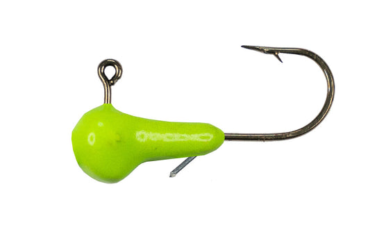 Green fishing lure with a hook on a white background