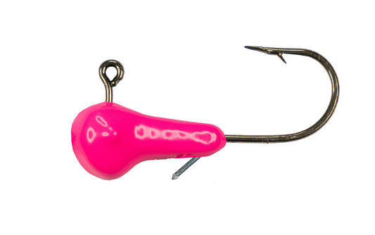 Pink fishing lure with a hook on a white background