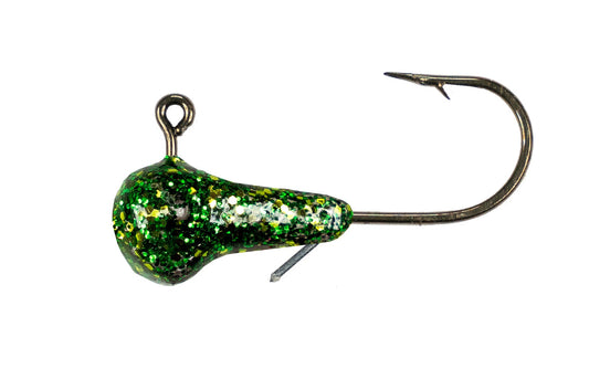 Fishing lure with a green and gold glitter body on a white background