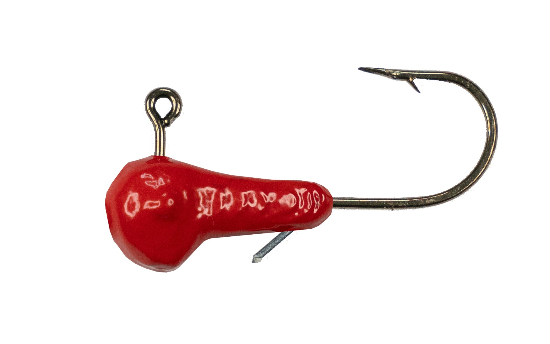 Red fishing lure with a hook on a white background