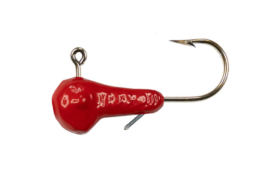 Red fishing lure with a gold hook on a white background