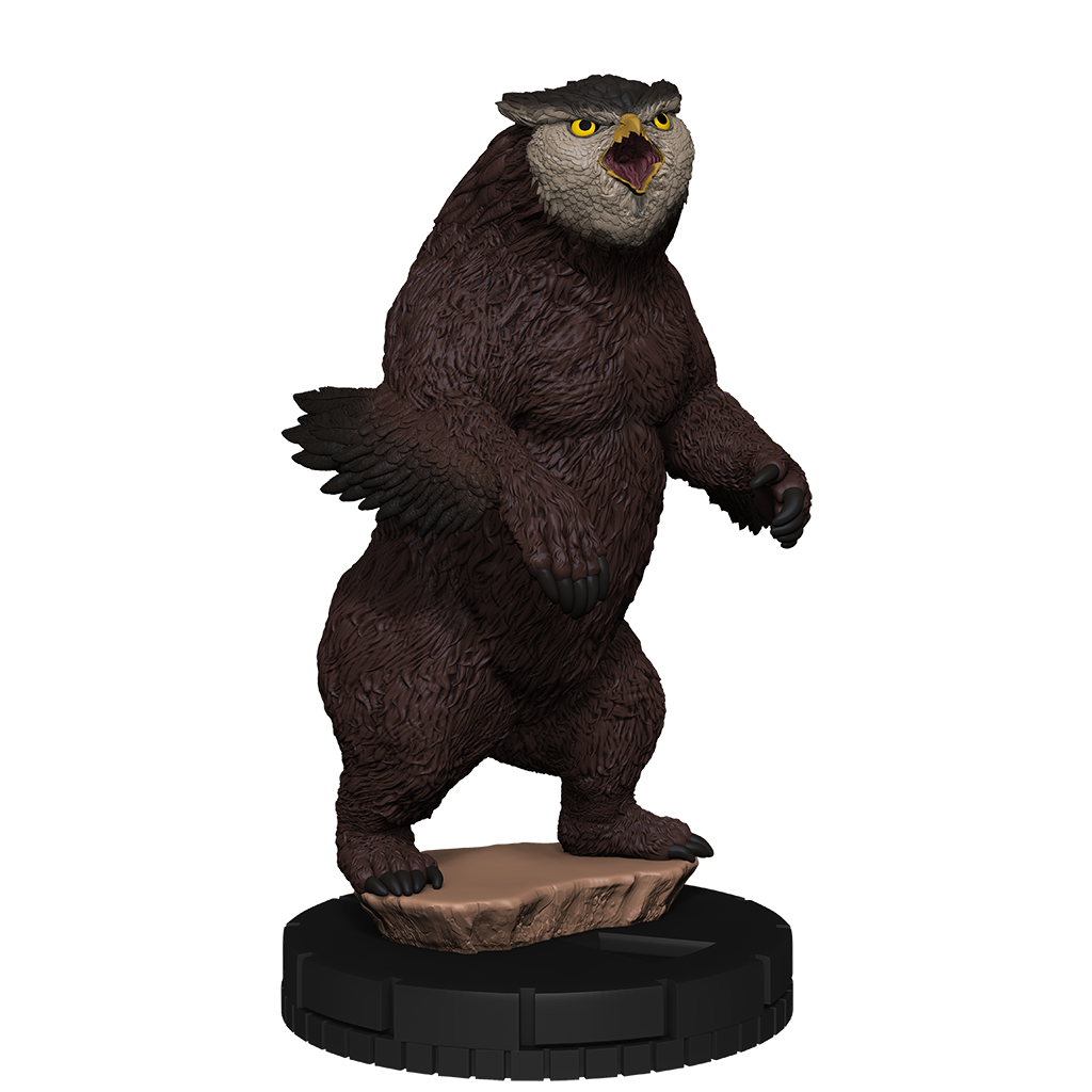Statue of a creature with brown fur and yellow eyes on a white background