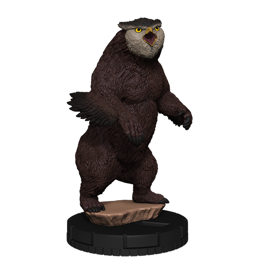 Statue of a creature with brown fur and yellow eyes on a white background