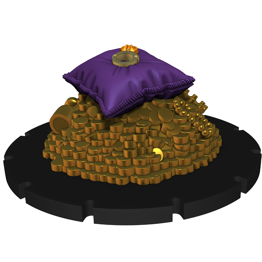 Purple pillow on a pile of gold coins with a black base