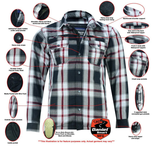 Infographic Armored Flannel Motorcycle Shirt - Black, White & Red