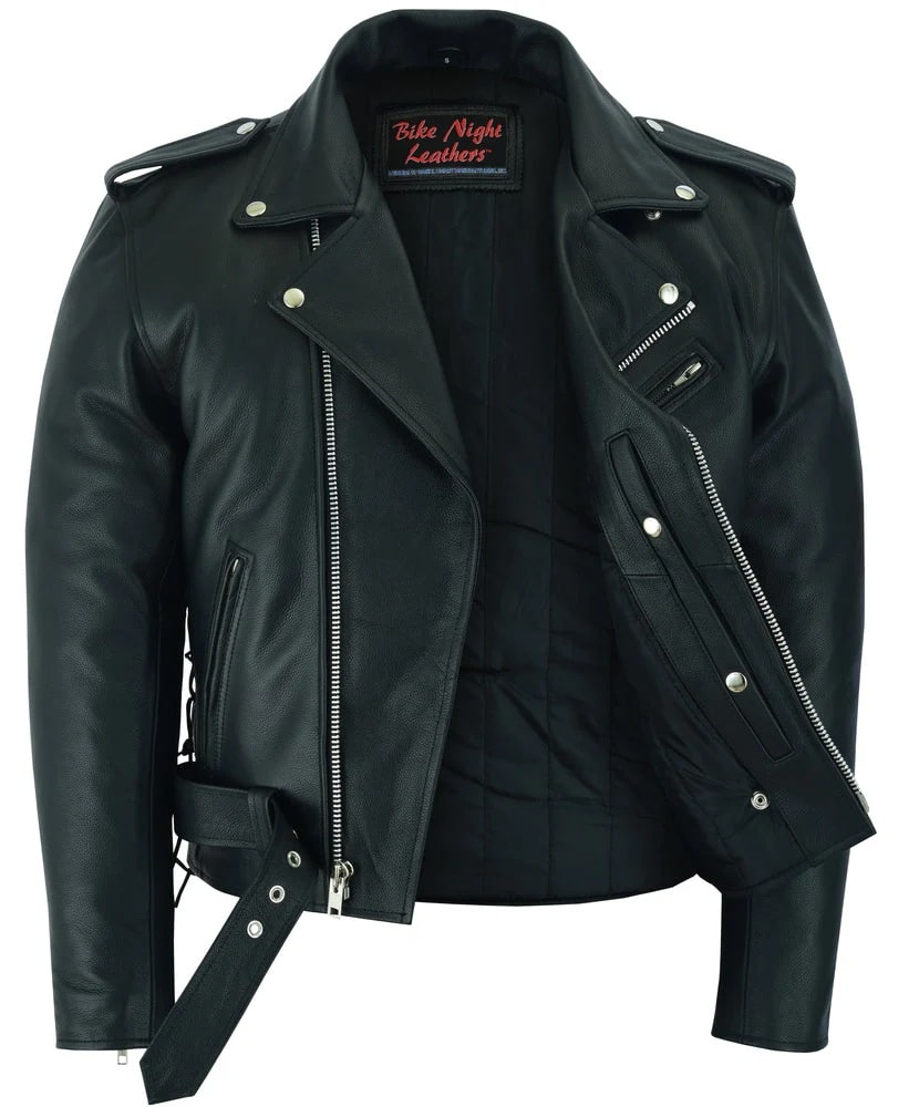 Classic Biker Leather Jacket with Side Laces Front View