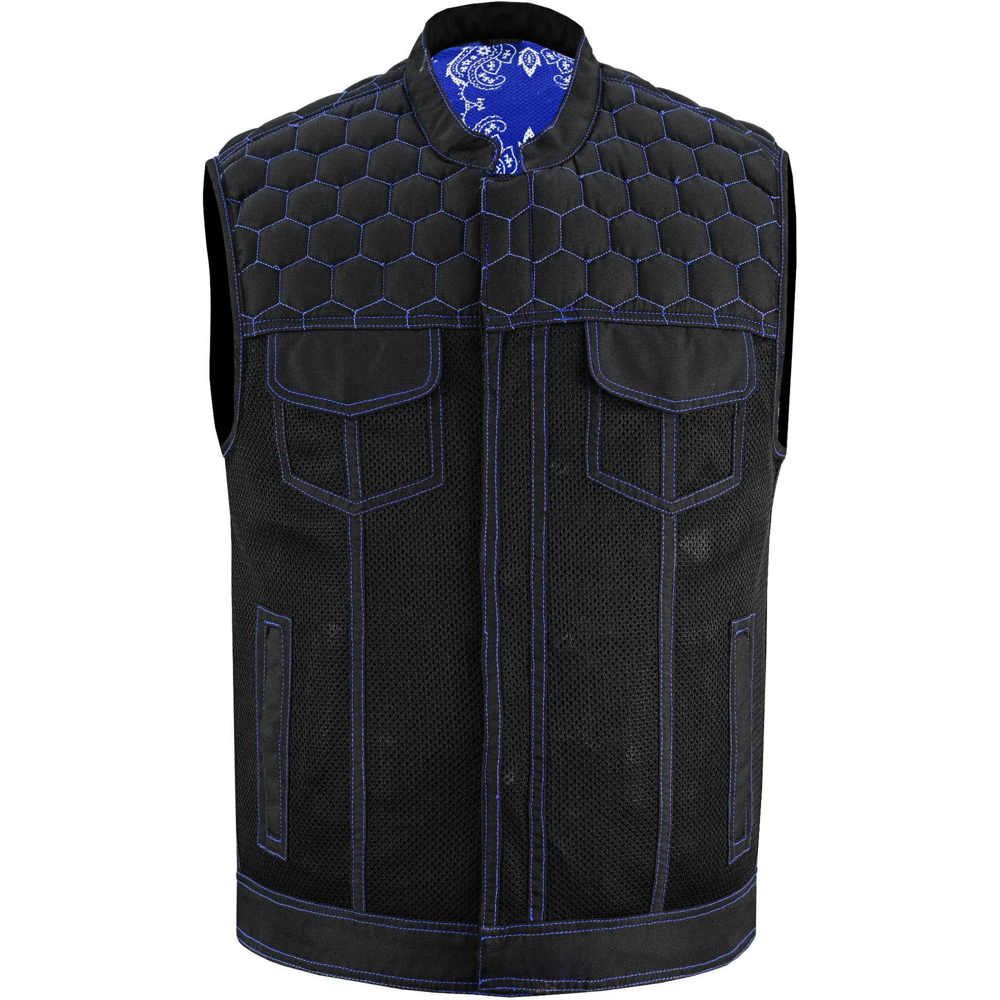 Full Front Blue Soul Men's Black Mesh Textile Vest with Blue Paisley Liner