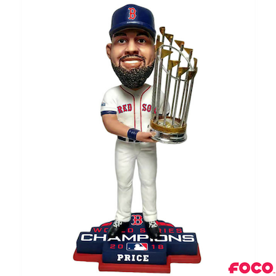 Bobblehead of a red sox baseball player holding a trophy with 'FOCO' branding on a white background