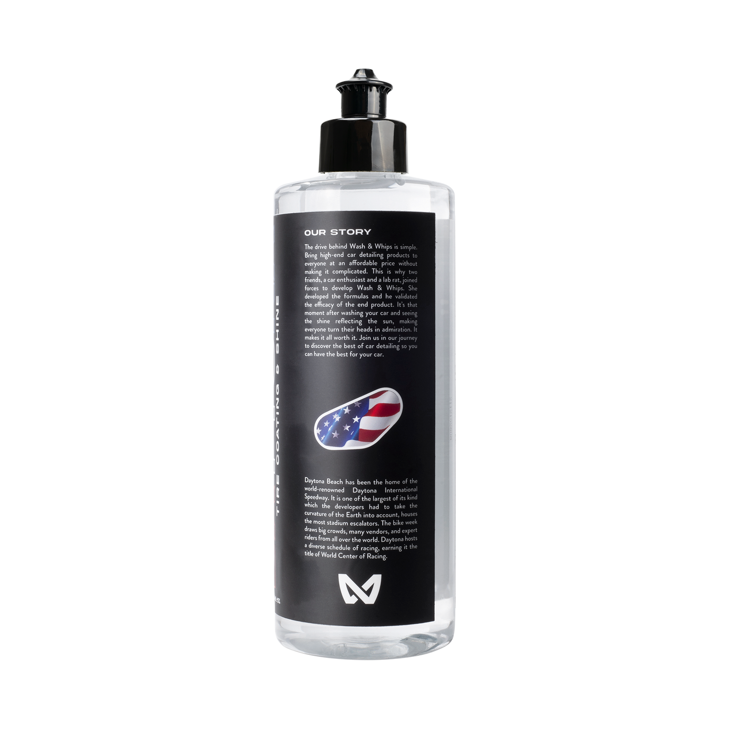Bottle with black label featuring text and a logo on a white background