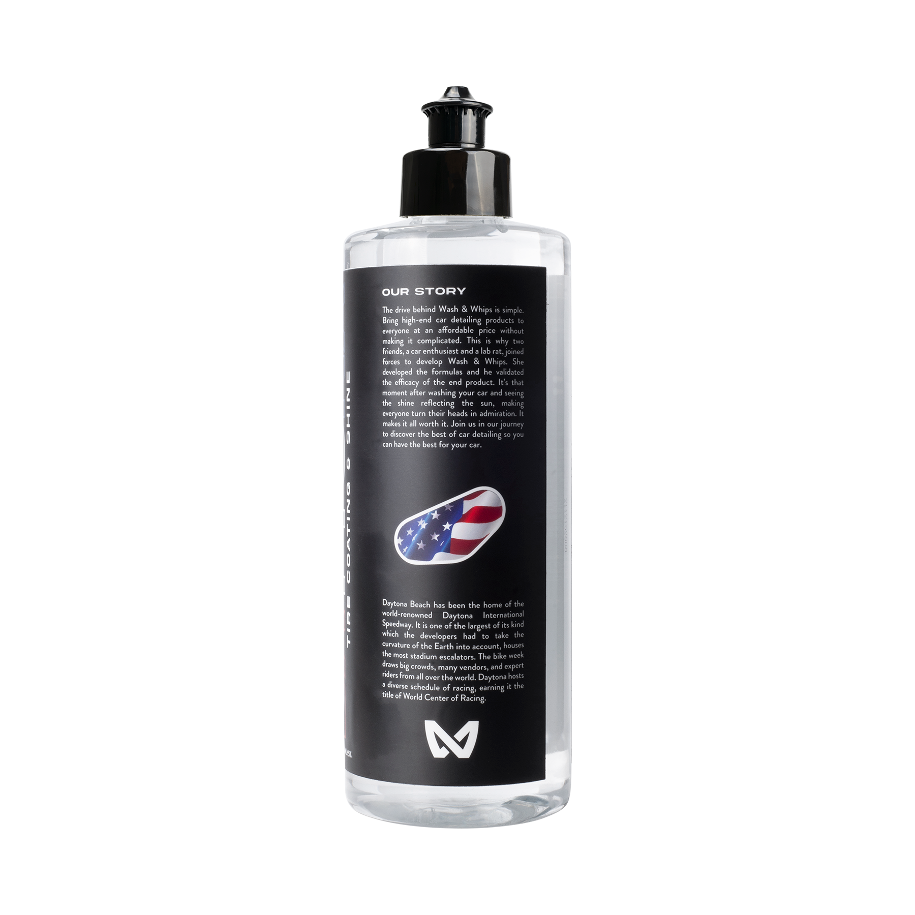 Bottle with black label featuring text and a logo on a white background