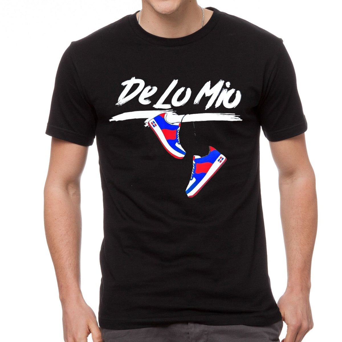 Black t-shirt with 'DeLomio' and shoe graphic on a white background