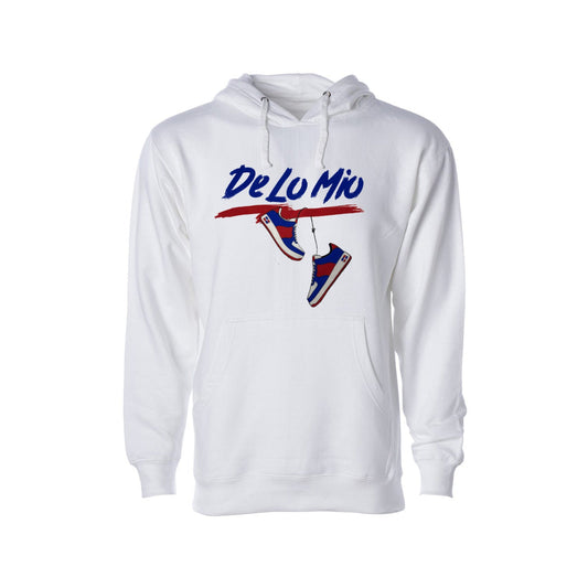 White hoodie with 'De Lo Mio' text and graphic on a white background