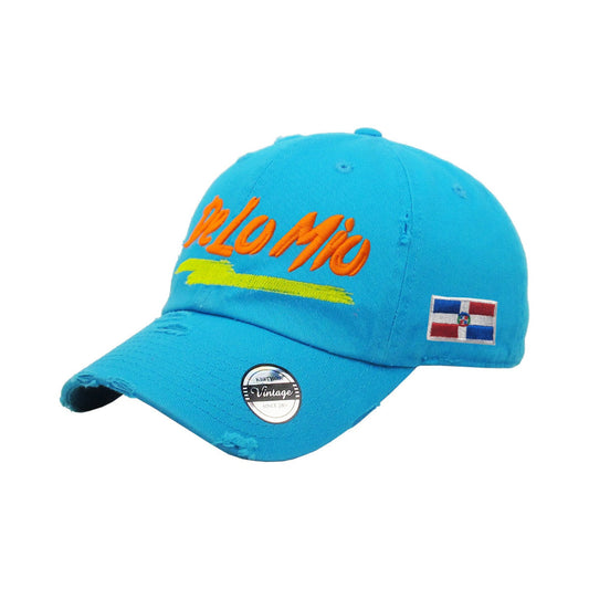 Blue cap with 'Delo Mio' text and Dominican Republic flag on a white background