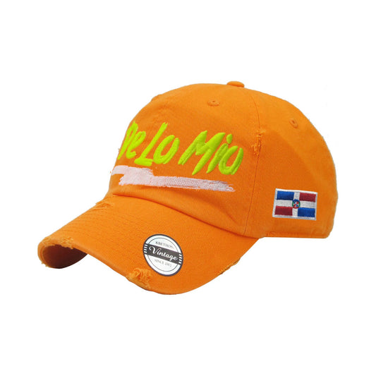 Orange cap with 'De Lo Mio' branding and a Dominican flag patch on a white background