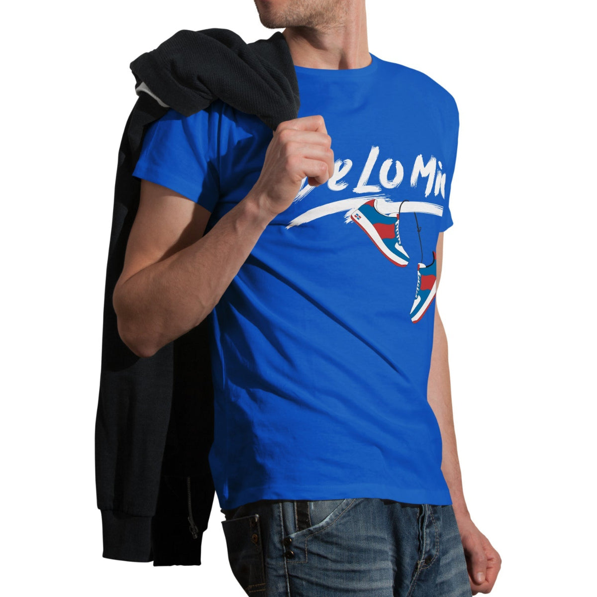 Person wearing a blue t-shirt with a graphic design on a white background