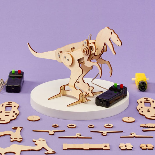 Wooden dinosaur model kit with components on a purple background