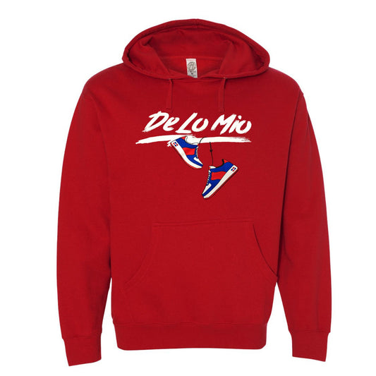 Red hoodie with 'DeLio' and shoe graphic on a white background