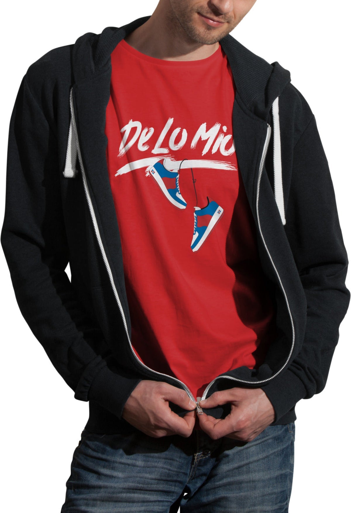 Person wearing a red shirt with 'DeLoMio' design and black hoodie.