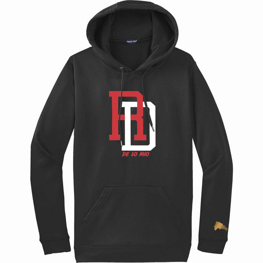 Black hoodie with red and white logo on a white background