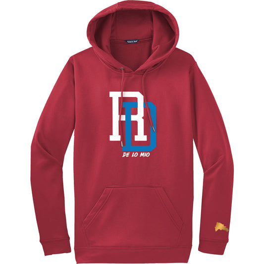 Red hoodie with a logo on a white background