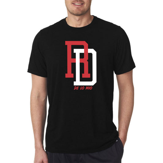 Person wearing a black t-shirt with a red and white logo on a white background