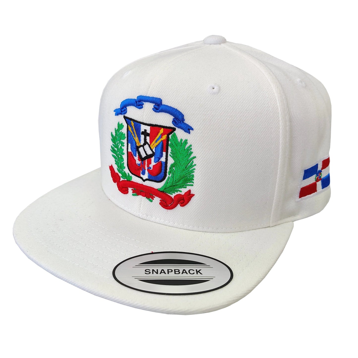 White snapback cap with a colorful emblem on a white background