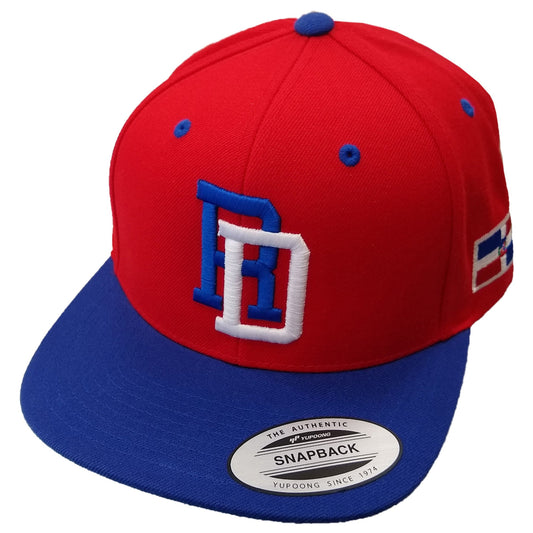 Red and blue snapback cap D.R .- Dominican Republic logo on a white background