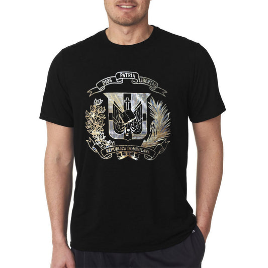 Black t-shirt with gold and white Dominican Republic graphic design on a white background