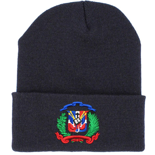 Black beanie with embroidered Dominican Republic emblem on a white background