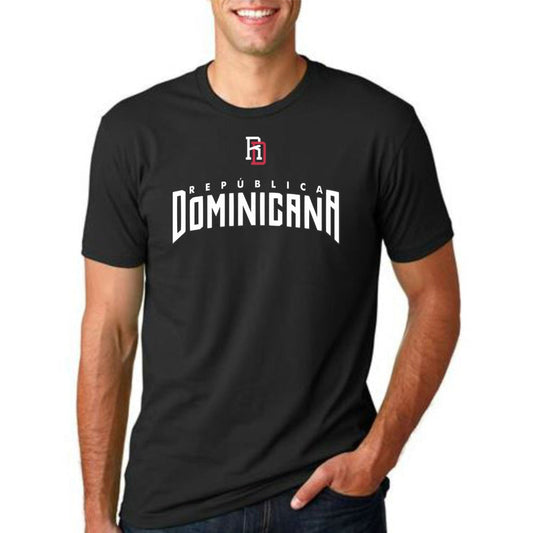 Person wearing a black t-shirt with 'Republica Dominicana' text and logo.